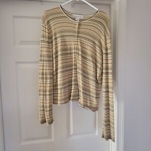 Jones New York Beige and Black Striped Zip Up Top
